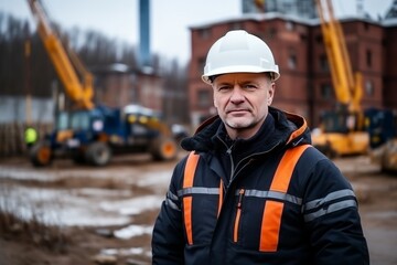 Portrait of a builder in safety helmet at construction site with space for text overlay