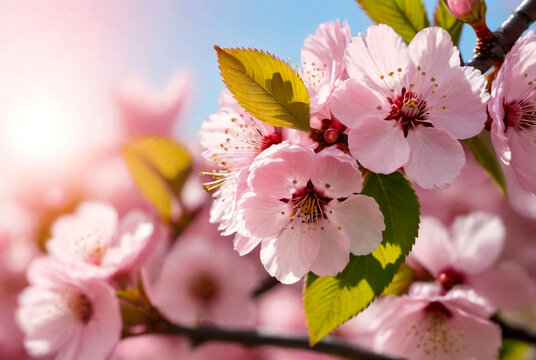 Amazing blurred spring background image of branches of blooming cherry pink flowers in nature greenery garden, sunshine, close up. Gardening concept. Copy ad text space. Generative Ai illustration