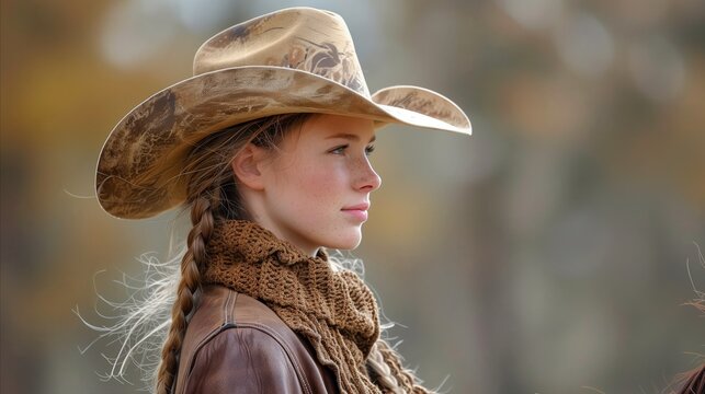 Cowgirl in autumn scene wearing cowboy hat and leather jacket