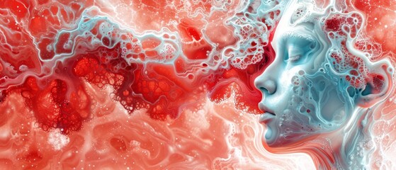  Abstract depiction of female countenance with red & blue spirals adorning profile - obrazy, fototapety, plakaty