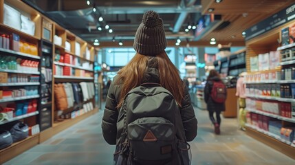 Woman with backpack browsing shelves in a busy store