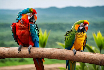 Two vibrant colorful parrots perched outdoors, showcasing on perch their colorful feathers in natural setting. Lovely color parrots on perch in nature. Tropical animal bird concept. Copy ad text space