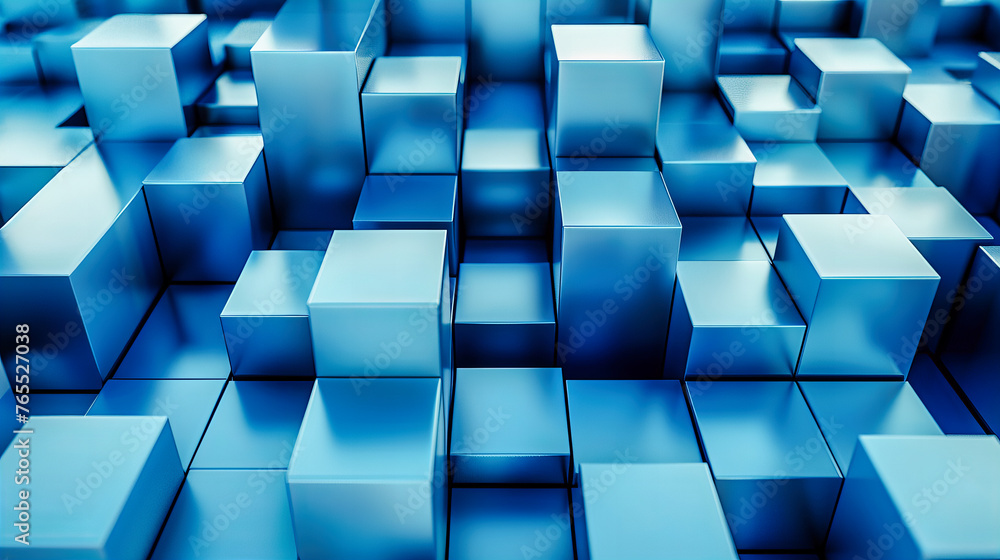 Poster abstract geometry in play, where blue squares and cubes create a digital landscape, symbolizing the 