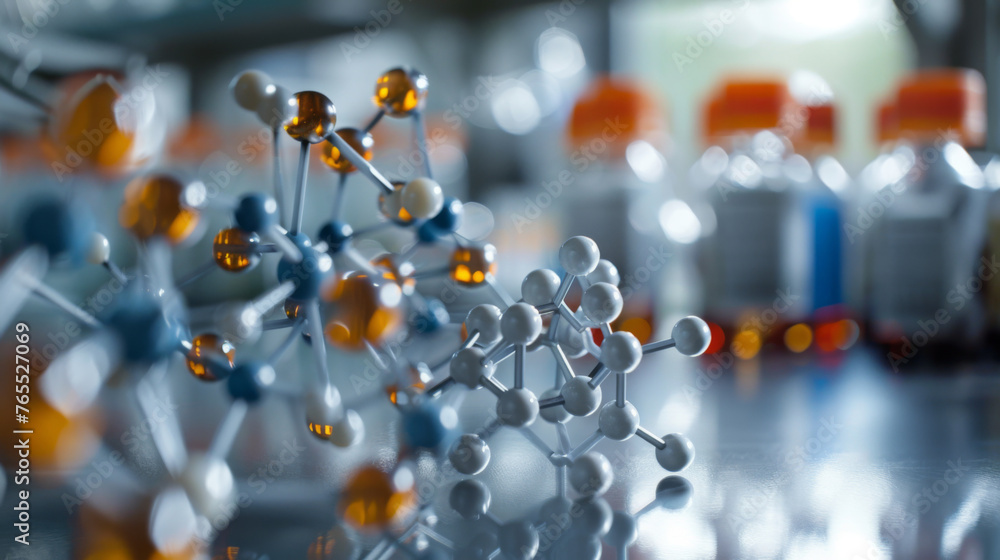 Poster a molecular structure model in focus with various laboratory equipment and bottles blurred in the ba