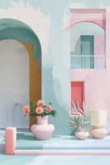 Summer blooms brighten the interior with a pink flower pots on the step by architecture door.