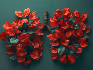 Leafs art of red and green lungs on teal background. Creative concept for health and environment. Design for poster, educational material, and awareness campaigns. Flat lay composition