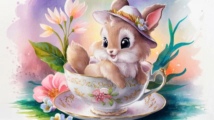Fotobehang Cute cartoon bunny sitting in a tea cup with flowers. Funny rabbit character design. Spring, easter concept. Valentine's Day greeting card. Watercolor illustration isolated on white background © maxi
