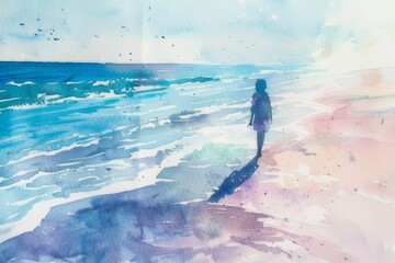Watercolor paintings of people walking along the beach add to the tranquil atmosphere.