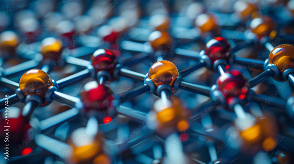 Poster close-up abstract image depicting the intricate structure of graphene, showcasing a network of atoms