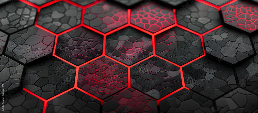 Poster abstract hexagon pattern and texture, futuristic honeycomb design in red and black, modern technolog