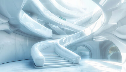 Abstract icy interior with blue and white tones, illustrating a cold, winter-inspired futuristic architectural design - obrazy, fototapety, plakaty