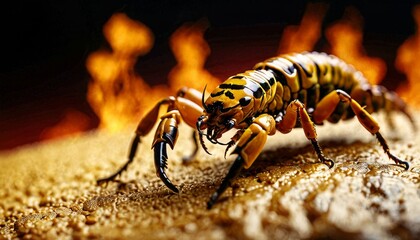 A vibrant centipede navigates a sandy surface, its exoskeleton patterns accentuated by the dramatic backdrop of flickering flames.