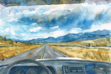 A watercolor depicts the scenery from the windshield of a car driving along an empty road. In the distance, mountains stand against a cloudy sky. It creates a beautiful landscape and atmosphere.