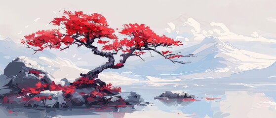  A painting depicts a solitary tree, surrounded by water, against a backdrop of towering mountains Its foliage is painted in vibrant red hues