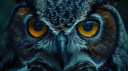 Yellow eyes of horned owl close up on a dark A close-up shot of the face of an owl with yellow eyes on a dark background - obrazy, fototapety, plakaty