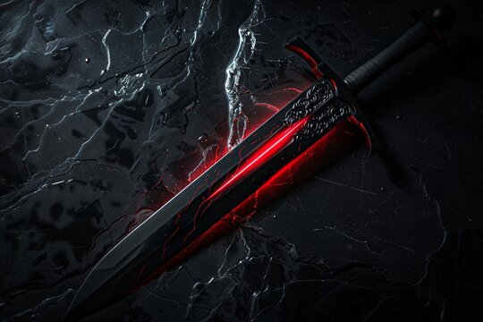 A black and red sword resting on a dark black surface, creating a striking contrast
