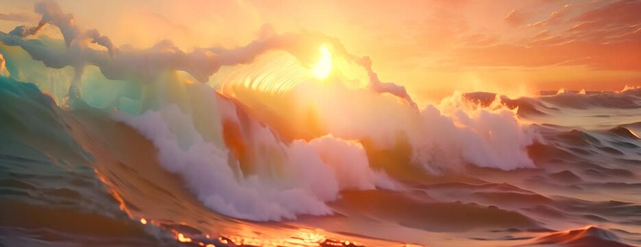 Closeup of ocean breaking waves. Sunset dawn crashing sea break wallpaper background 4K Video