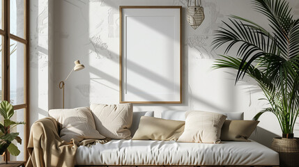white sofa, Blank picture frame mockup on white wall, White vertical frame on white wall. 3d illustration. frame with blank poster mockup on wooden table with green plant in pot. White wall