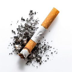 Crushed cigarette butt surrounded by ashes on a plain white background, symbolizing the quit smoking concept.