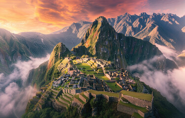 Machu Picchu at sunset, beautiful clouds and green fields, gorgeous colors, mountains in the background, Inca ruins, ancient city, misty environment