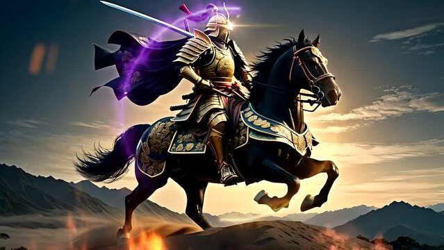 Japanese empire knight on horseback. Seamless looping time-lapse 4k video animation background