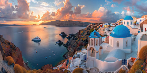 A panoramic view of Santorini, Greece at sunset with the iconic blue domes and white buildings...