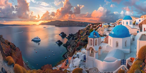 Papier Peint photo Lavable Europe méditerranéenne A panoramic view of Santorini, Greece at sunset with the iconic blue domes and white buildings overlooking the sea