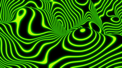 Abstract neon glowing background, 3D green lines  on black, interesting striped modern technology and science design. - obrazy, fototapety, plakaty