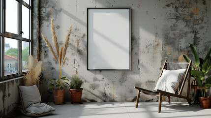 Blank picture frame mockup on white wall, White vertical frame on white wall. 3d illustration. frame with blank poster mockup on wooden table with green plant in pot. White wall background