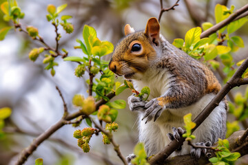 Naklejka na ściany i meble Looking up at a gray squirrel perched on a tree.AI generated