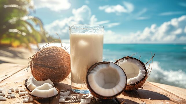 Coconut ice on a wooden table with the beach and blue sky in the background