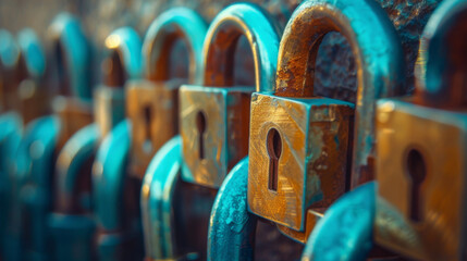 A collection of padlocks lined up, with a shallow depth of field highlighting individual locks.