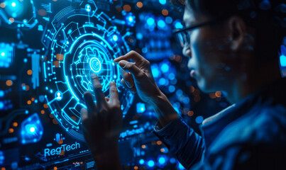 Technology Professional with Tablet Displaying RegTech Financial Compliance and Management Icons