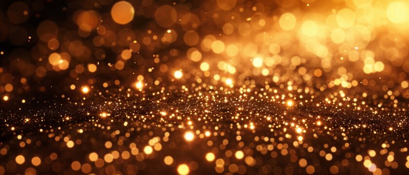  A sharp image of glittering gold dust on a dark background surrounded by soft, fuzzy lights in the foreground