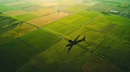 Fototapeta premium Environmental Impact of Air Travel: Shadow of an Airplane Over Green Agricultural Fields - AI generated