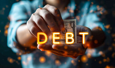 A person holds a bag with a dollar sign, representing the burden and concept of debt, while the word DEBT is displayed prominently, symbolizing the financial obligations and challenges many face - obrazy, fototapety, plakaty