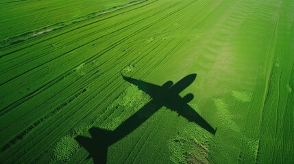 Environmental Impact of Air Travel: Shadow of an Airplane Over Green Agricultural Fields - AI generated