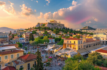 A panoramic view of the cityscape with iconic landmarks like Acropolis hill in the background, colorful buildings and bustling streets below
