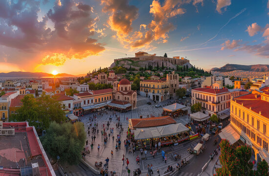 Fototapeta A panoramic view of the cityscape with iconic landmarks like Acropolis hill in the background, colorful buildings and bustling streets below