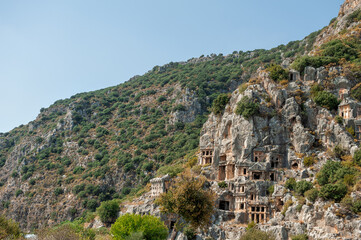 Ruins of old lycian rock tombs in ancient Myra city near town Demre, Antalya province