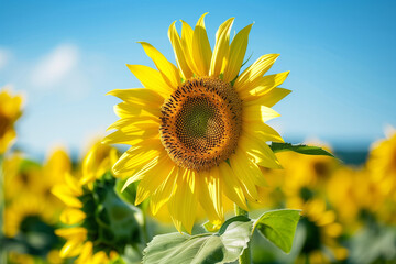 From a close-up perspective, a vibrant sunflower stands proudly amidst a sunflower farm, bathed in the radiant glow of a sunny summer day, highlighting the innate beauty and allure of the season.