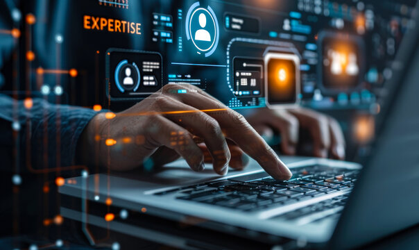 Business professional utilizing expertise management software to harness organizational knowledge, skills, and capabilities for strategic advantage while working on a laptop