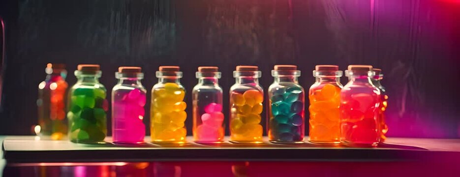 Glass bottles with colorful medicine. Liquid potions and candy in jars. Medical dose medication 4K Video