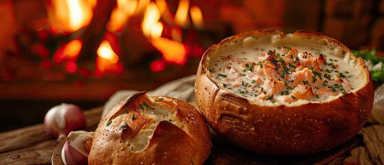 A cozy autumn scene of salmon chowder in a bread bowl next to a crackling fireplace - obrazy, fototapety, plakaty