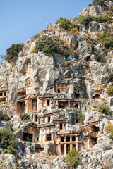 Ruins of old lycian rock tombs in ancient Myra city near town Demre, Antalya province