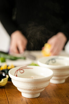 Asian style bowls filled with congee