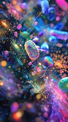 A vibrant depiction of the process of bacterial conjugation visualized as a dance of lights and colors
