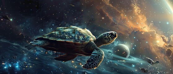 A turtle carrying a world on its back slowly drifting through a tranquil part of the galaxy - obrazy, fototapety, plakaty