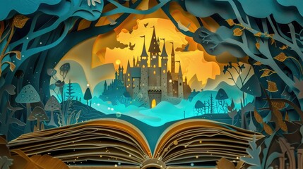 A whimsical fairy tale book cover design featuring paper cut illustrations of classic stories - obrazy, fototapety, plakaty
