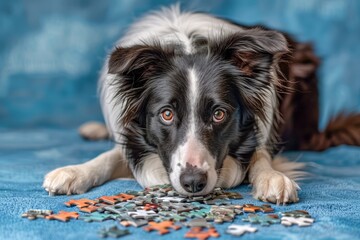 Adorable Border Collie Dog Lying Down on Blue Background Solving Jigsaw Puzzle with Eager Focus and Curiosity